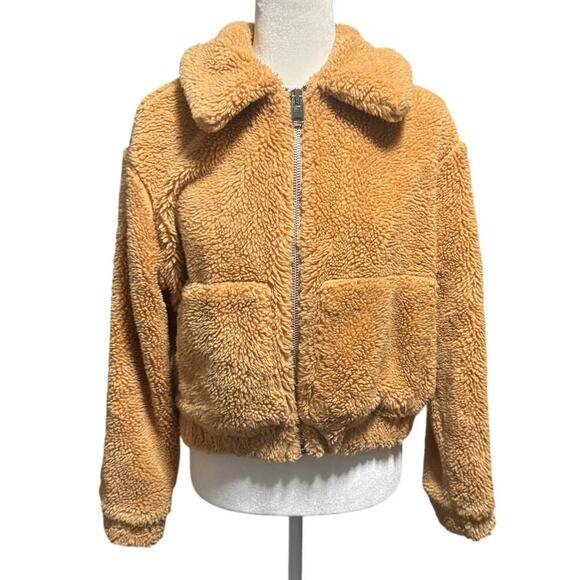 Urban Outfitters Sherpa Fleece Zip Jacket – Tan Teddy Bomber – Women’s Small - Picture 2 of 7